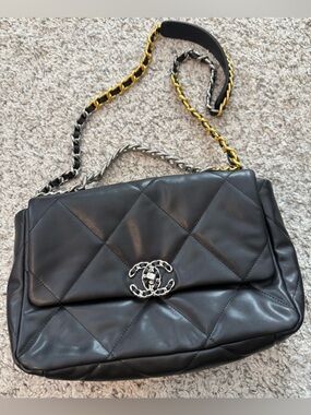 Black Quilted Chain Shoulder Bag with Mixed Metal Hardware